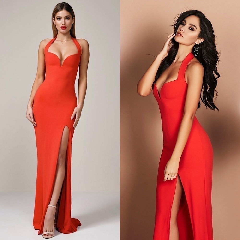 NWT NOOKIE Halter‎ Sweetheart Neck Sleeveless Leg Slit Bodycon Scuba Maxi Gown L